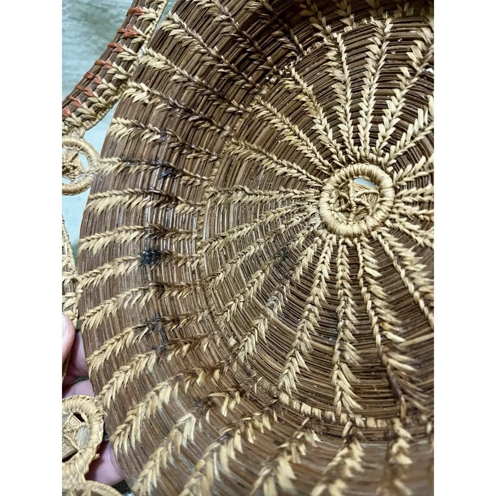 Vtg Coiled Pine Needle Basket 6 Sided Sunburst Scalloped Hexagonal Rim 3 Tone